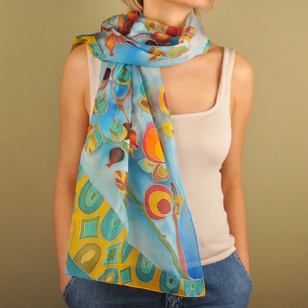 Hand-Painted Leafy and Floral Light Blue Silk Scarf - Meghri Garden