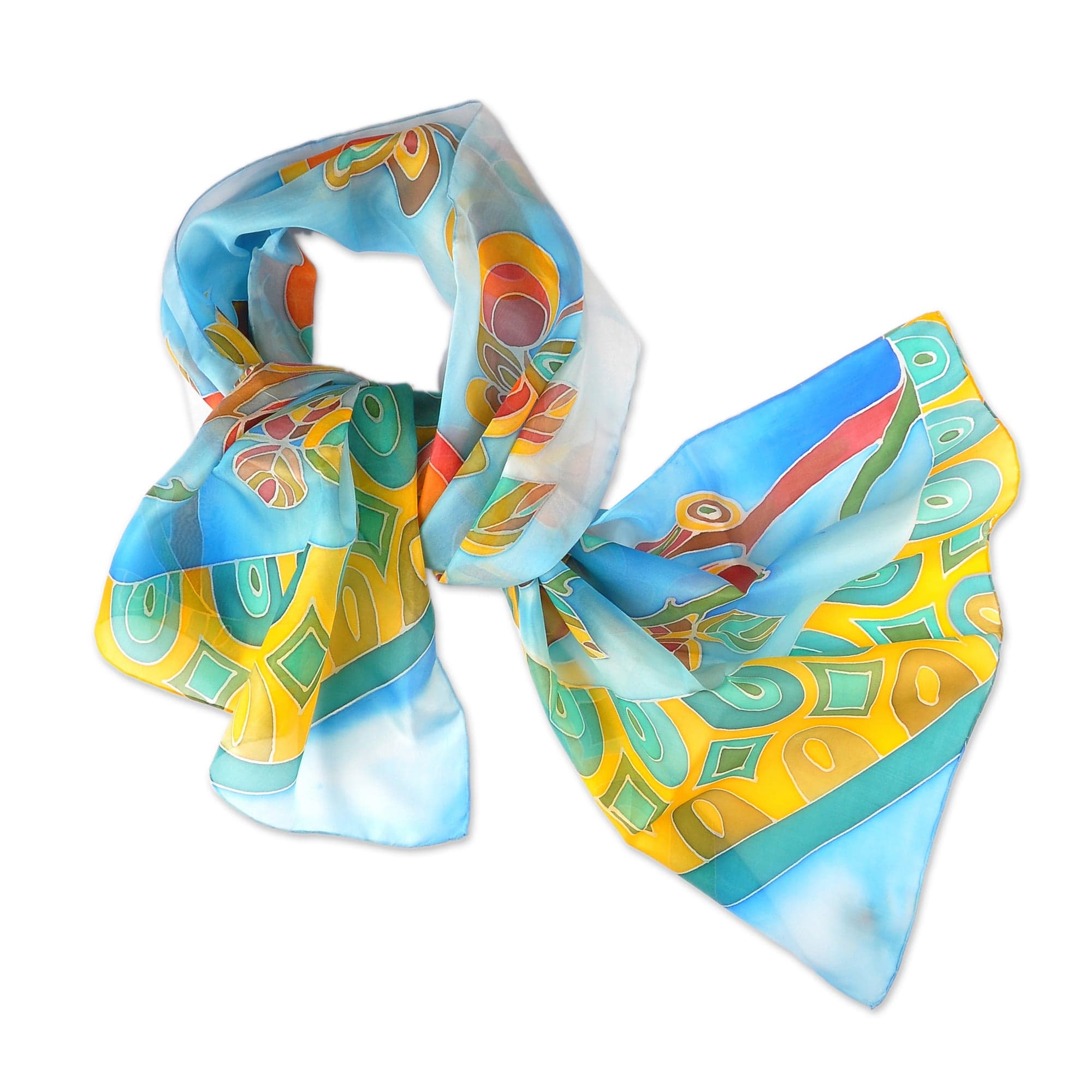 Hand-Painted Leafy and Floral Light Blue Silk Scarf - Meghri Garden
