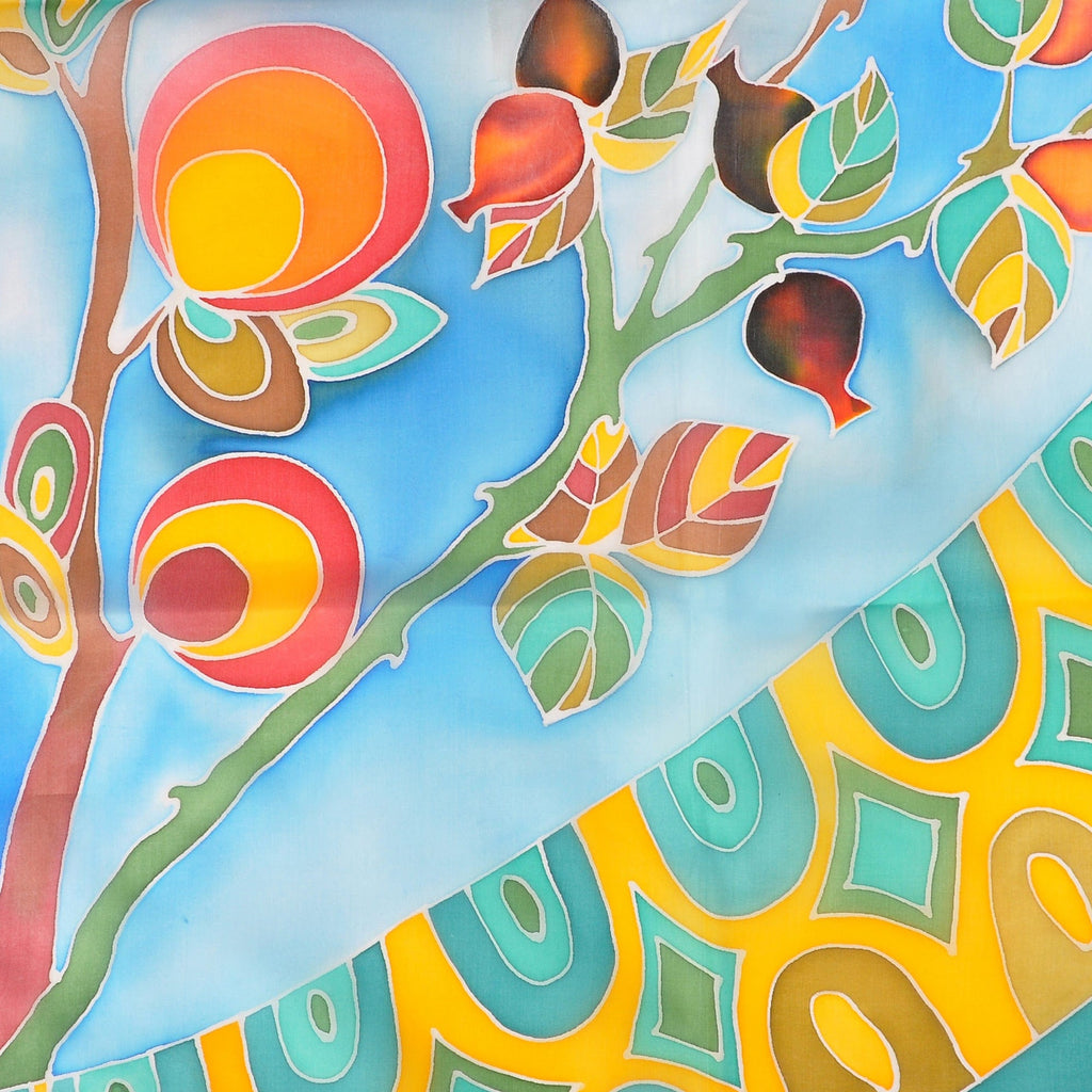Hand-Painted Leafy and Floral Light Blue Silk Scarf - Meghri Garden