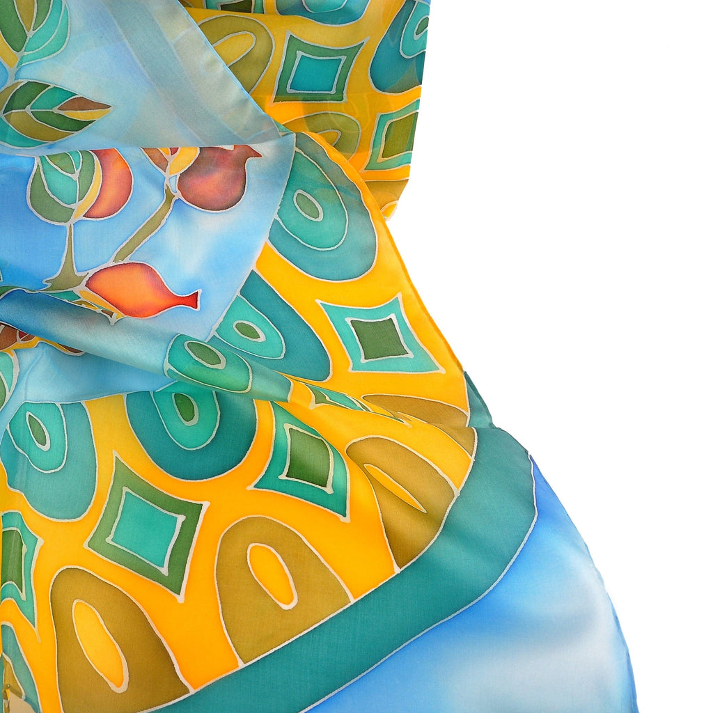 Hand-Painted Leafy and Floral Light Blue Silk Scarf - Meghri Garden