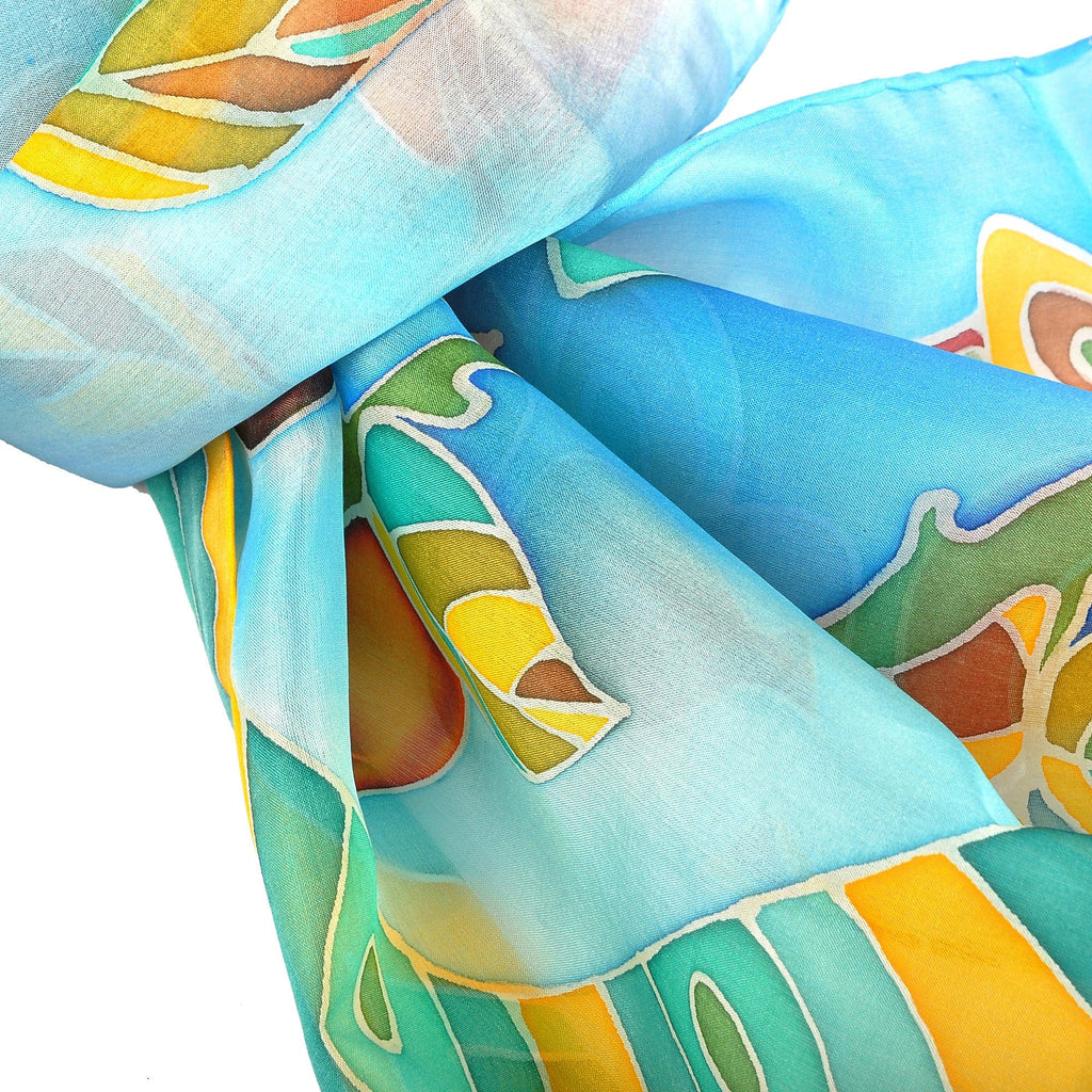 Hand-Painted Leafy and Floral Light Blue Silk Scarf - Meghri Garden