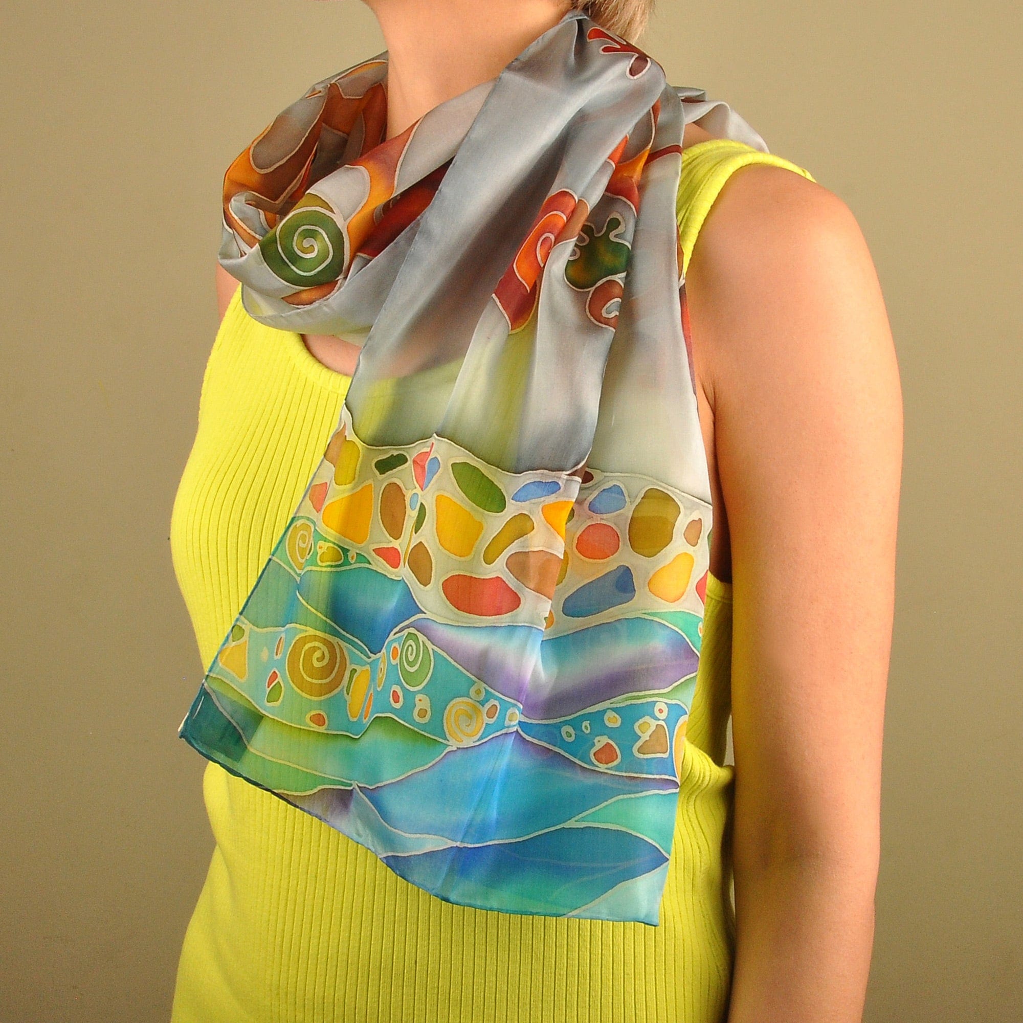 Traditional Hand-Painted Nur Tree Silk Scarf in Grey - Nur of Armenia