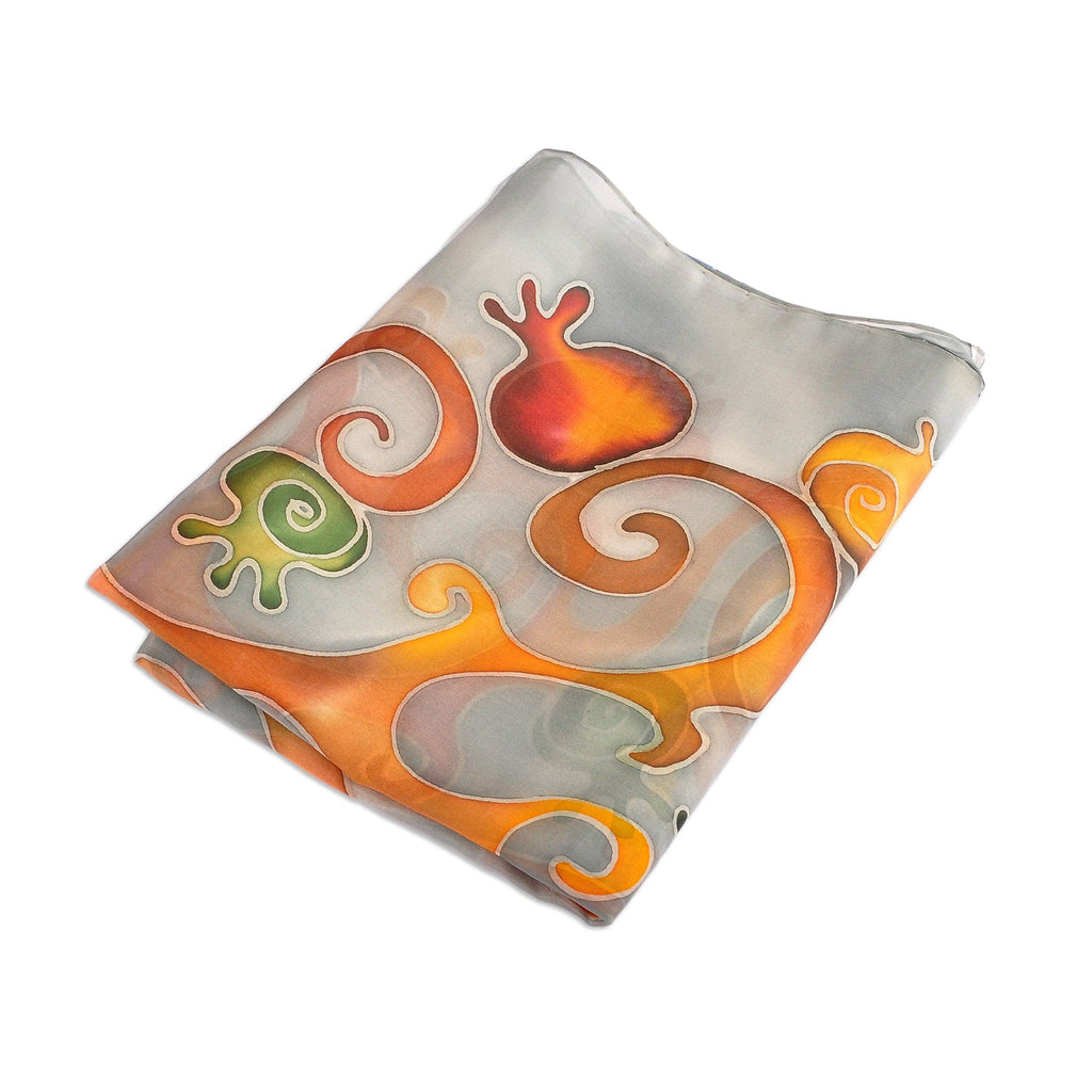 Traditional Hand-Painted Nur Tree Silk Scarf in Grey - Nur of Armenia