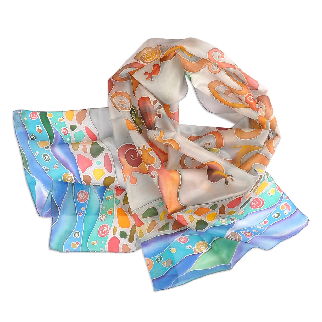 Traditional Hand-Painted Nur Tree Silk Scarf in Grey - Nur of Armenia