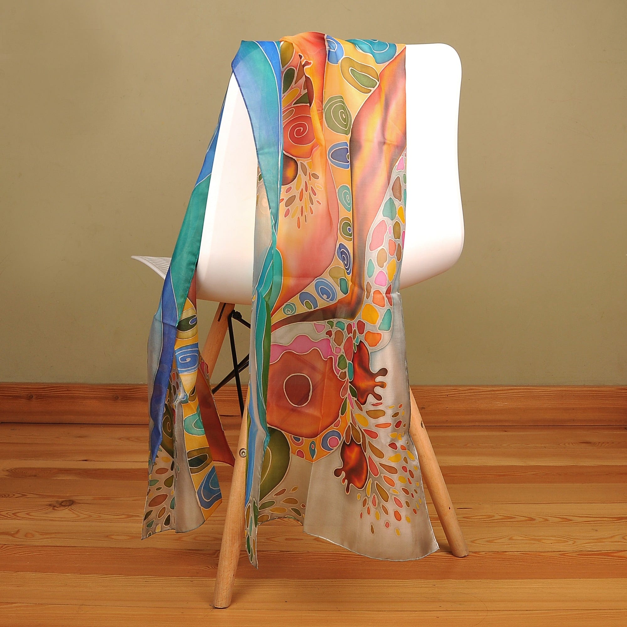 Hand-Painted Pomegranate-Themed Light Blue Silk Scarf - Pomegranate Heaven