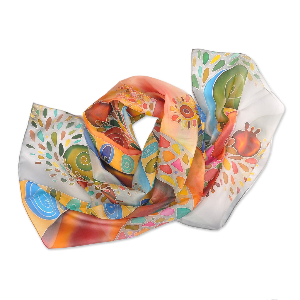 Hand-Painted Pomegranate-Themed Light Blue Silk Scarf - Pomegranate Heaven