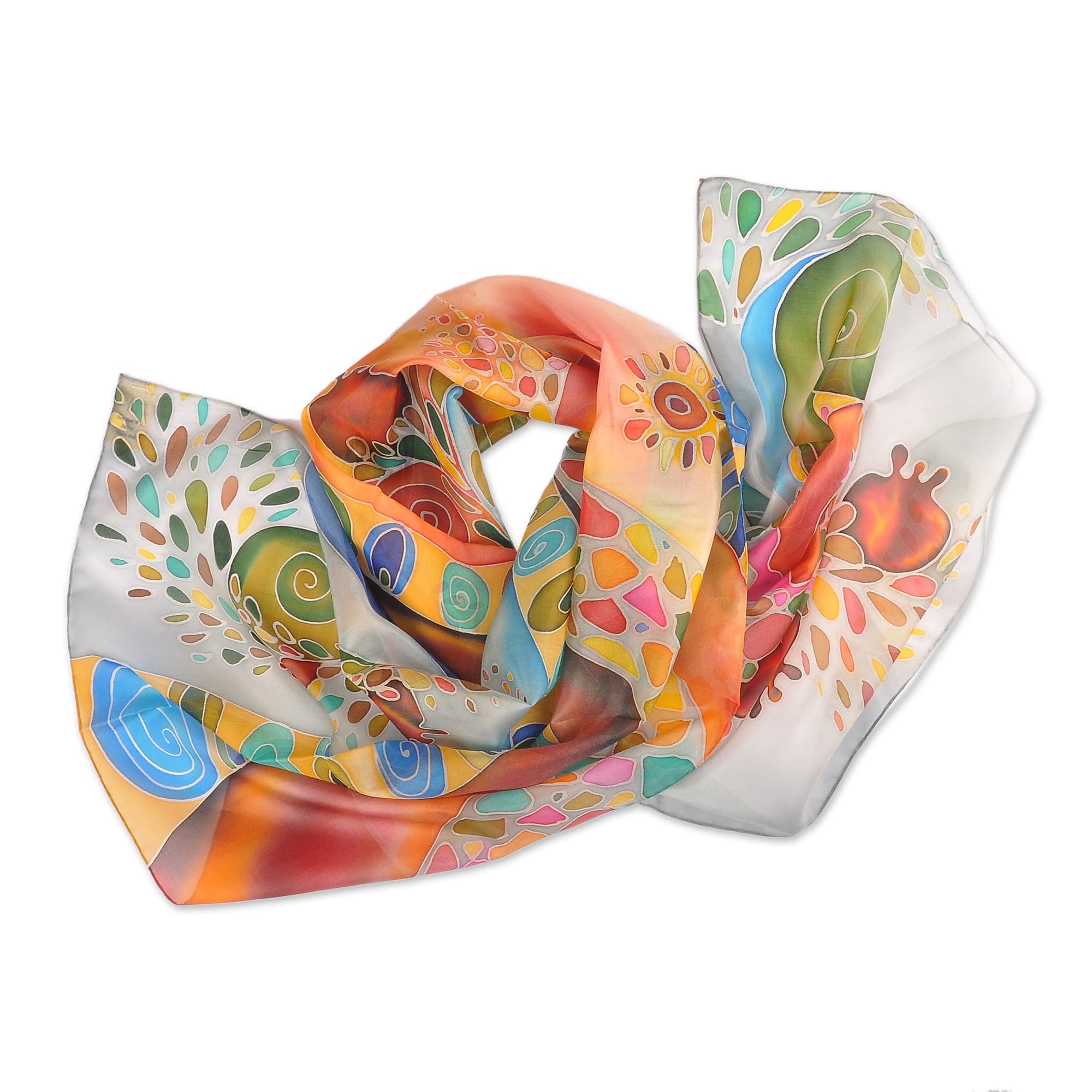 Hand-Painted Pomegranate-Themed Light Blue Silk Scarf - Pomegranate Heaven