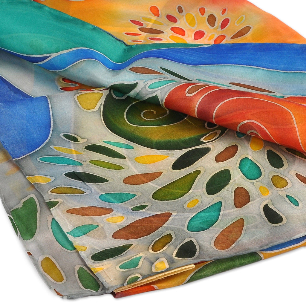 Hand-Painted Pomegranate-Themed Light Blue Silk Scarf - Pomegranate Heaven