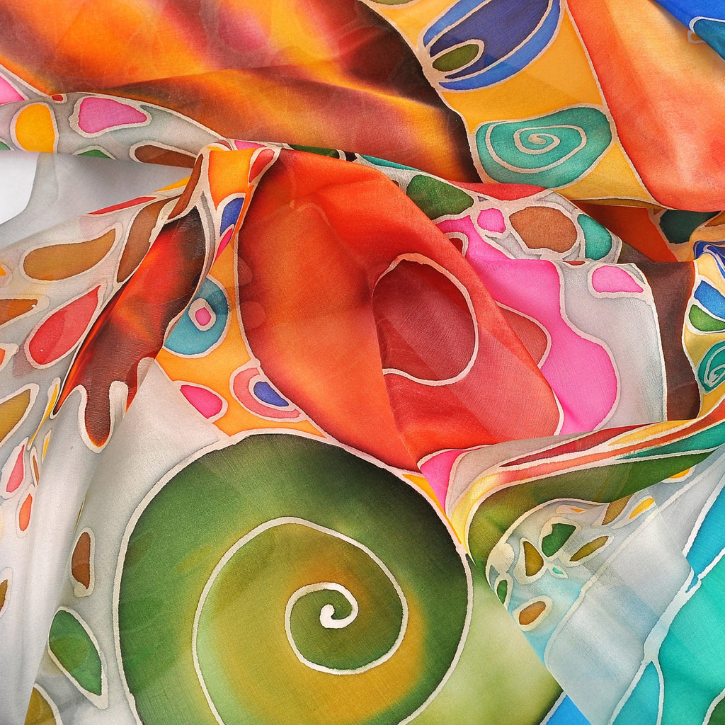 Hand-Painted Pomegranate-Themed Light Blue Silk Scarf - Pomegranate Heaven