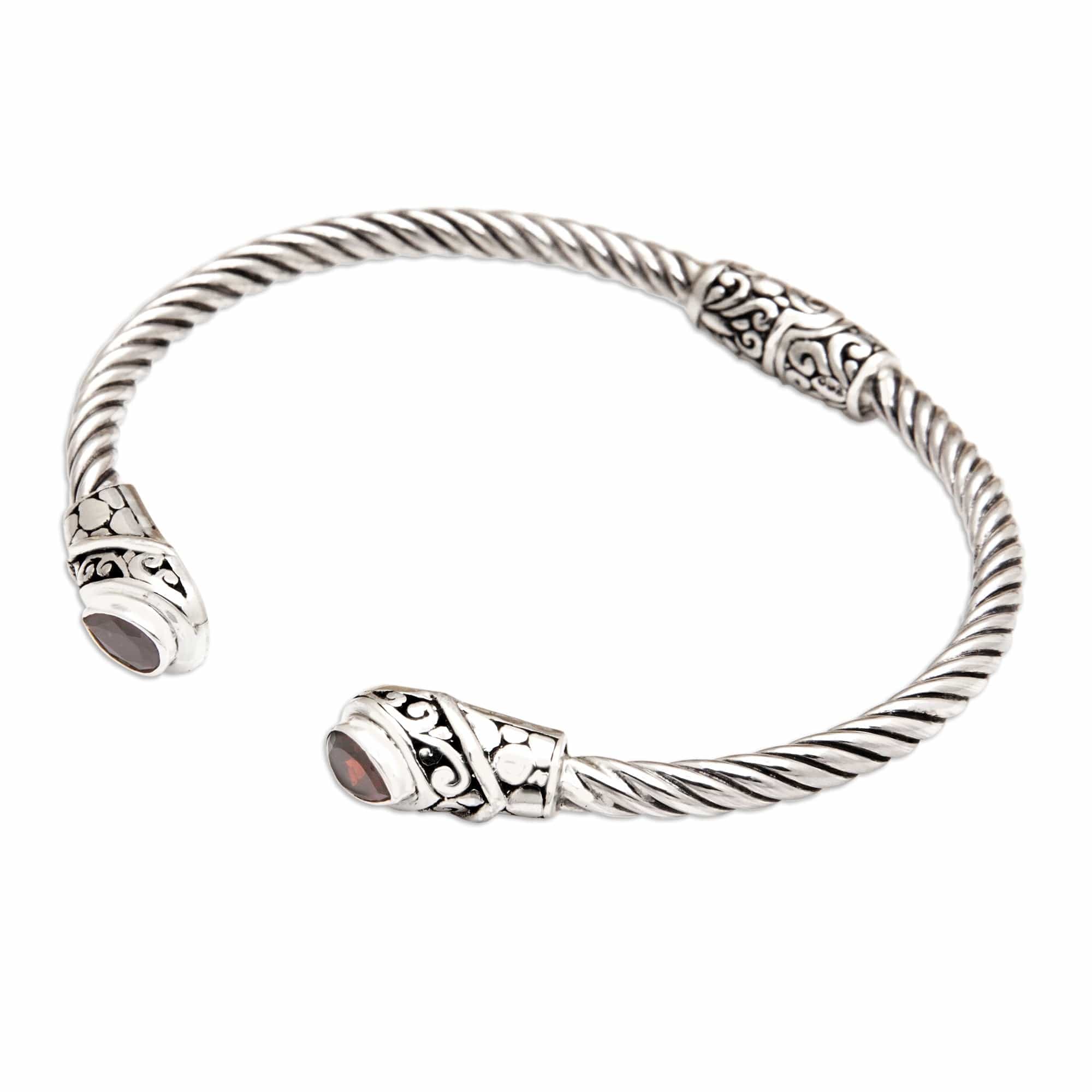 Balinese Sterling Silver Cuff Bracelet with Garnet Gems - Perseverance Fates