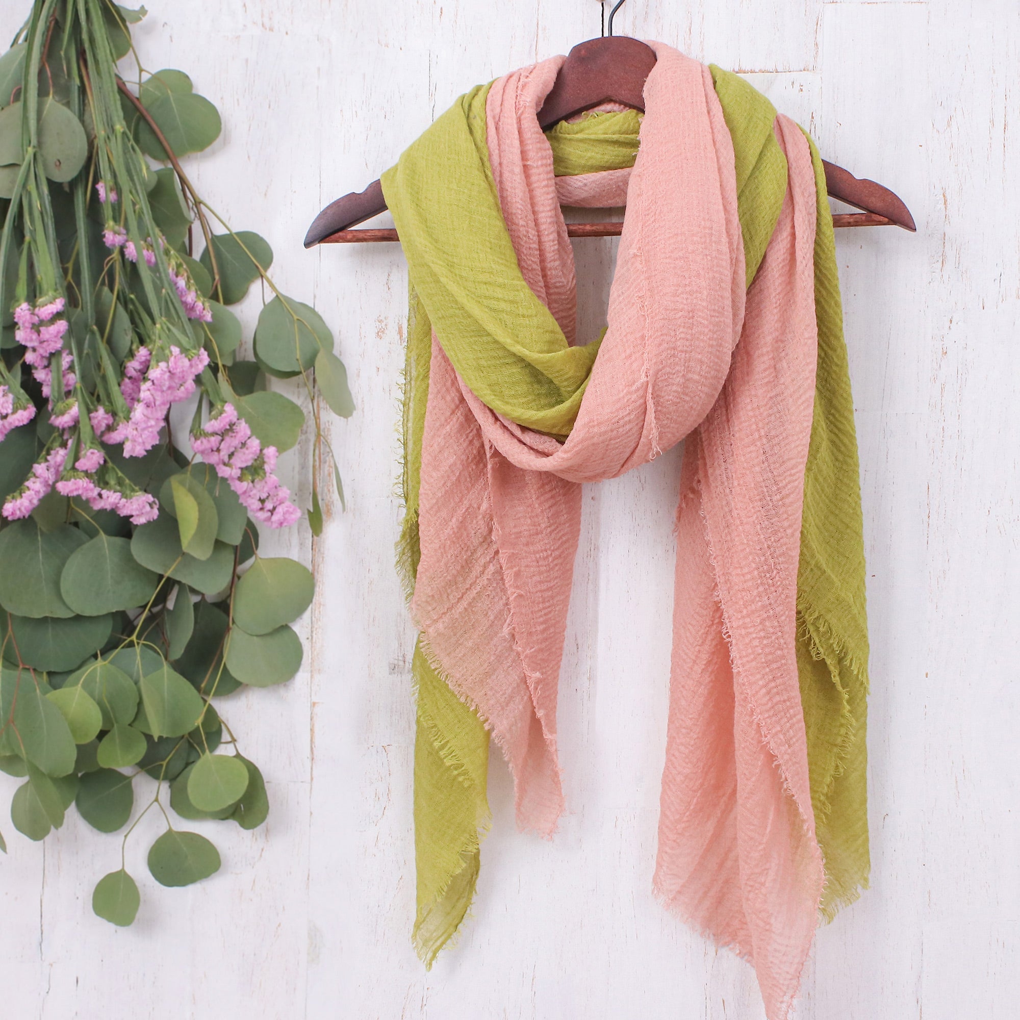 Set of 2 Lightweight Cotton Scarves in Peridot and Salmon - Cozy Spring