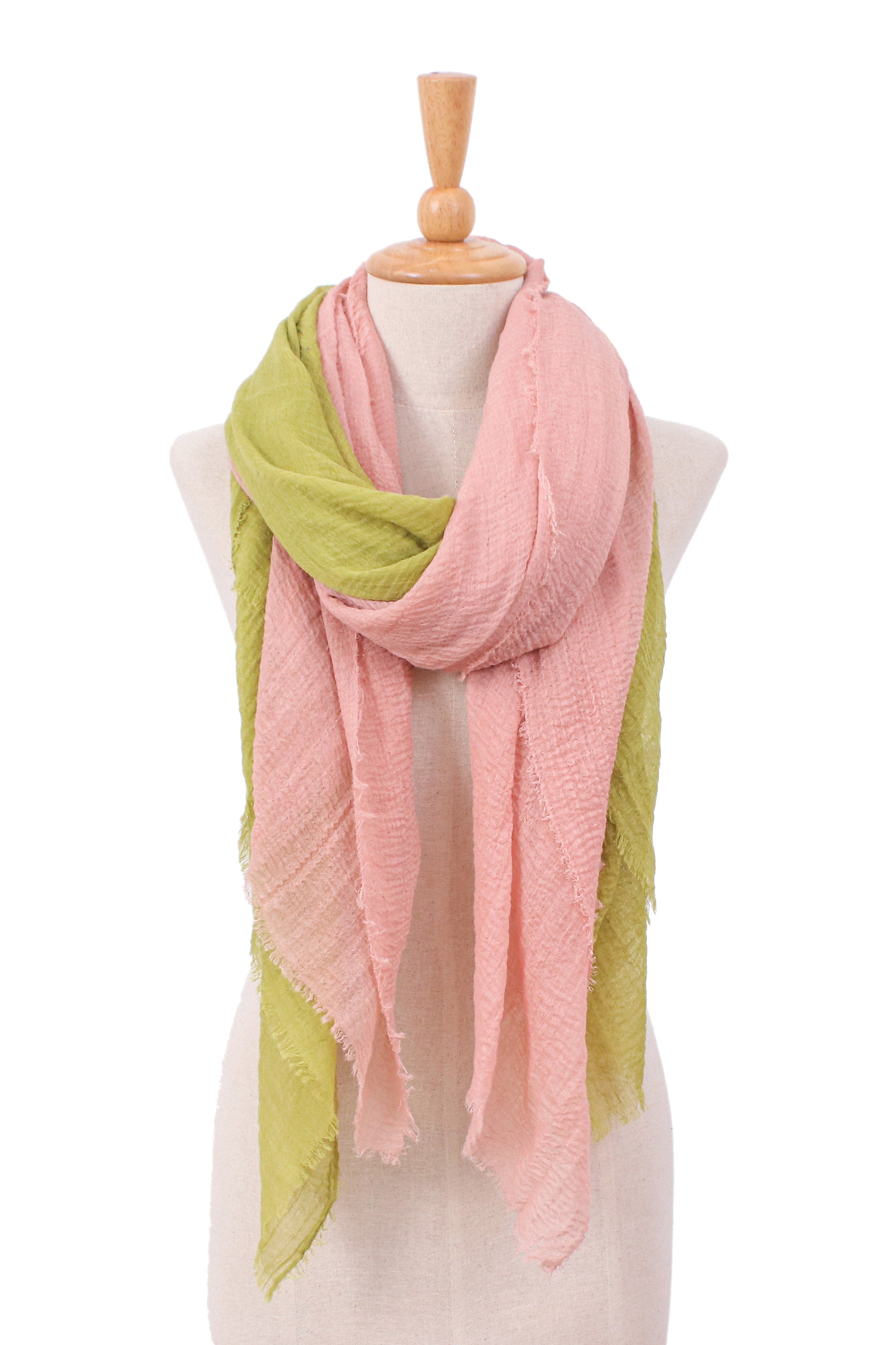 Set of 2 Lightweight Cotton Scarves in Peridot and Salmon - Cozy Spring