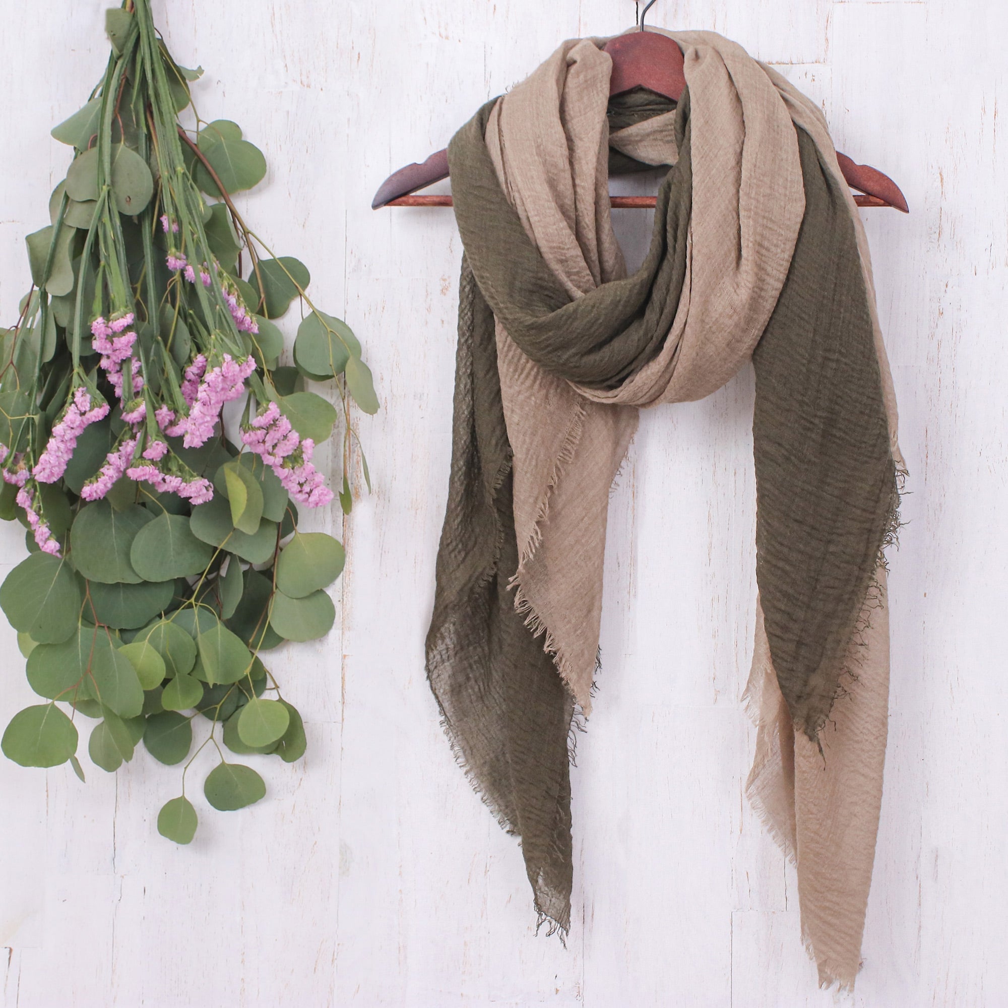 Set of 2 Lightweight Cotton Scarves in Olive and Mushroom - Classy Warmth