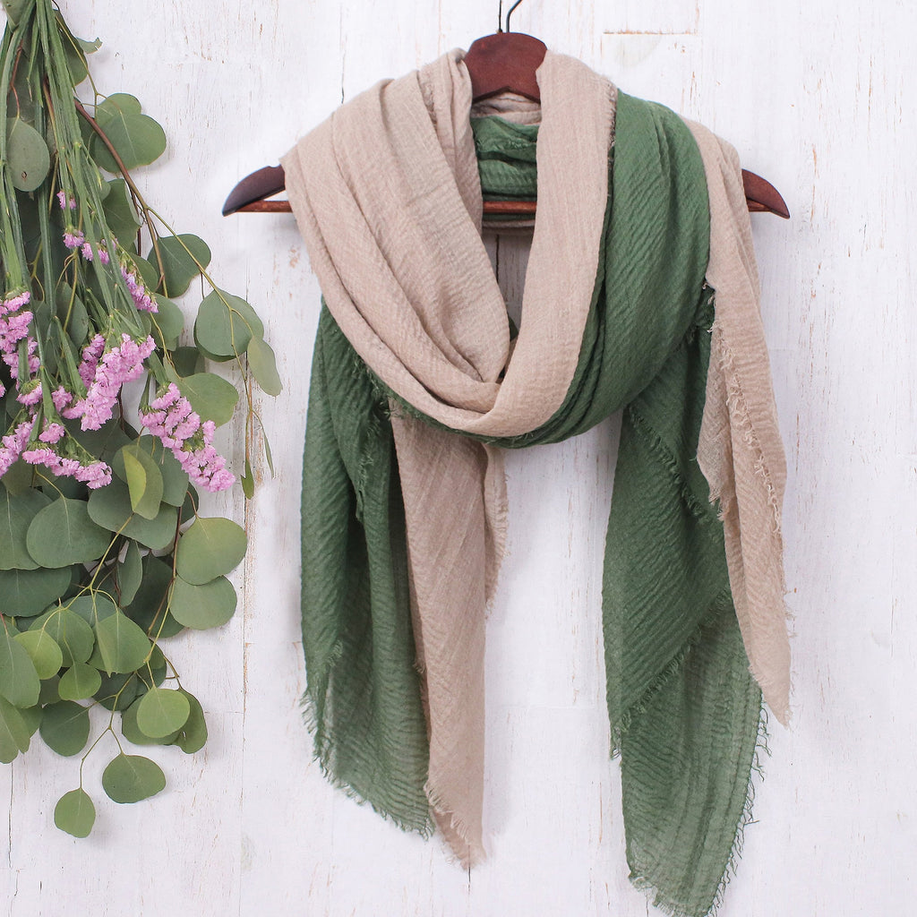 Two Hand-Woven Lightweight Cotton Scarves in Green and Ivory - Casual Flair