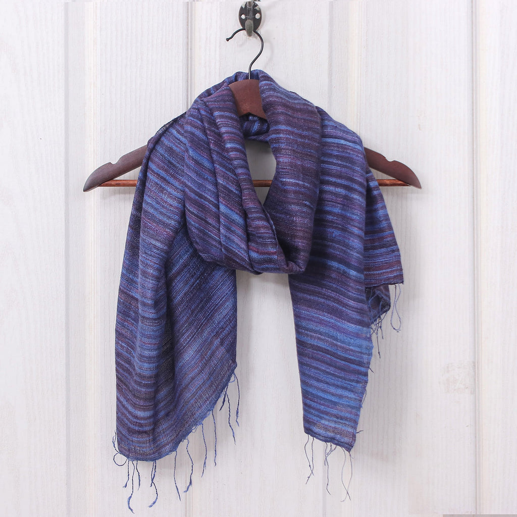 Handloomed Fringed Striped Blue and Dark Purple Silk Scarf - Twilight Iridescence