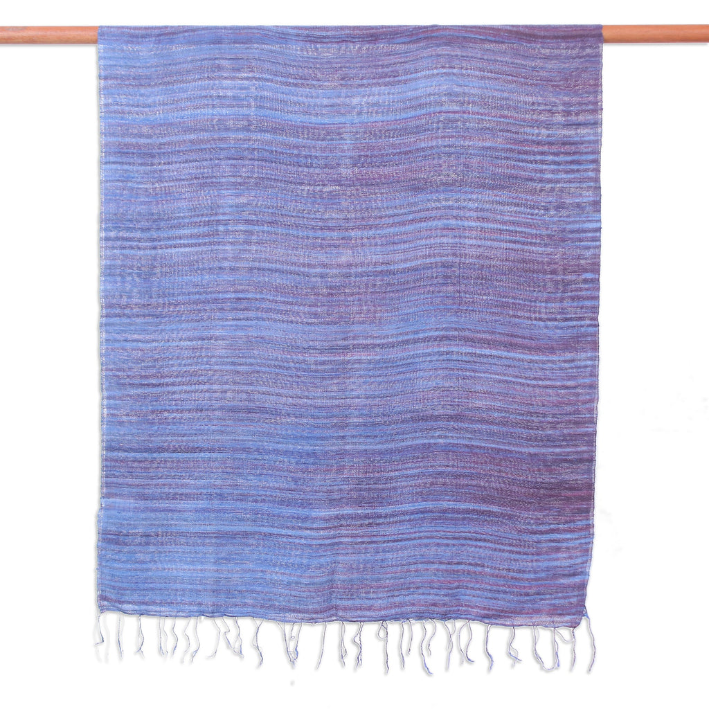 Handloomed Fringed Striped Blue and Dark Purple Silk Scarf - Twilight Iridescence