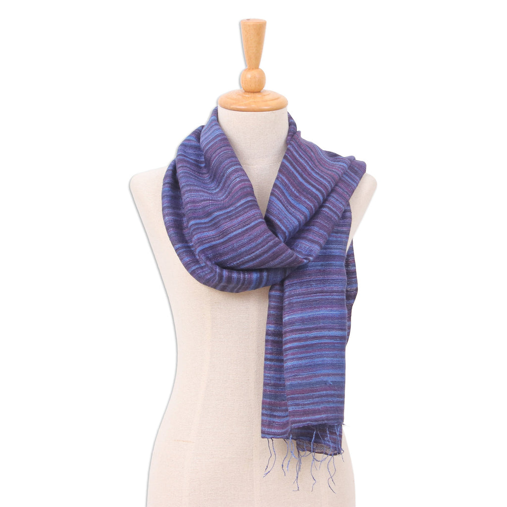 Handloomed Fringed Striped Blue and Dark Purple Silk Scarf - Twilight Iridescence