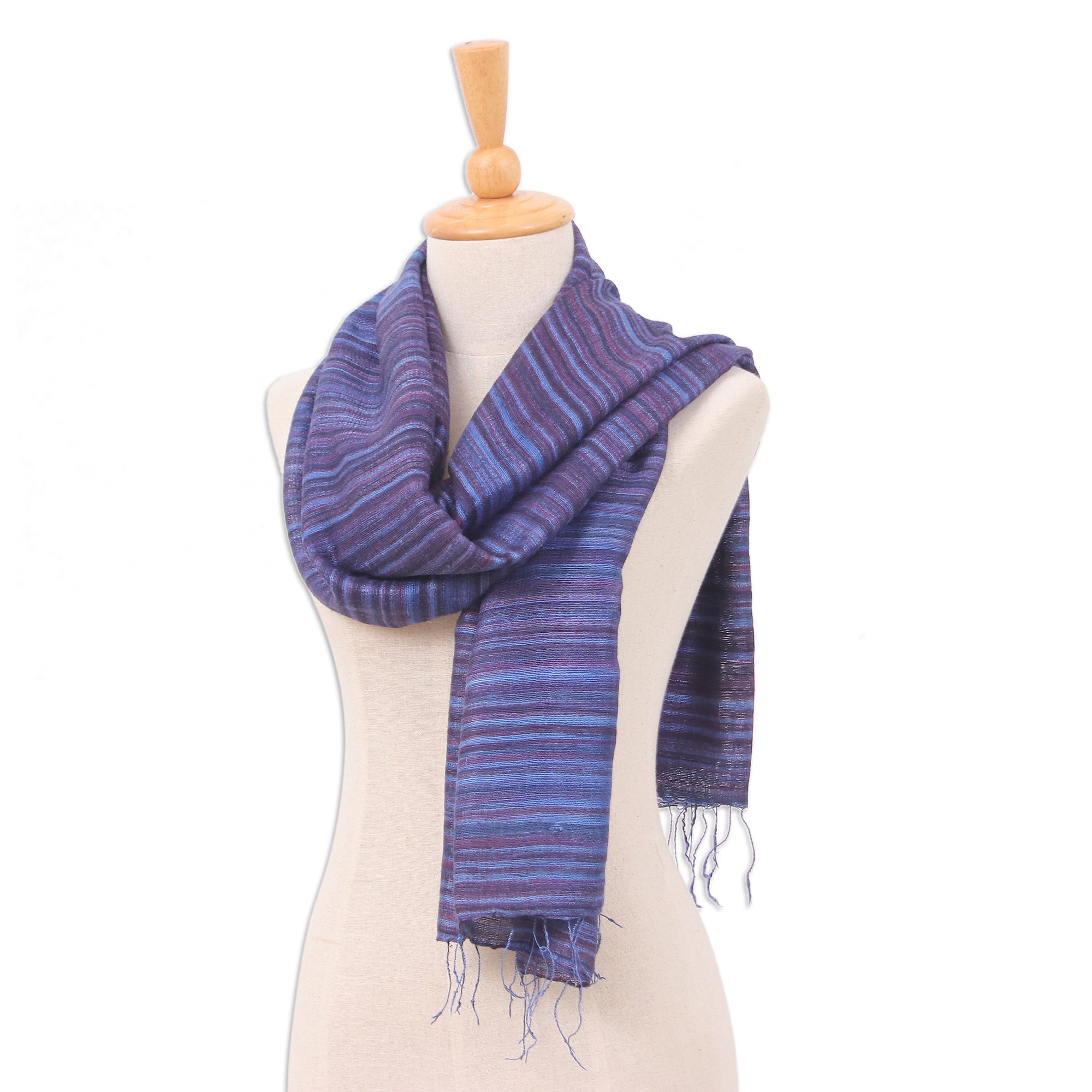 Handloomed Fringed Striped Blue and Dark Purple Silk Scarf - Twilight Iridescence