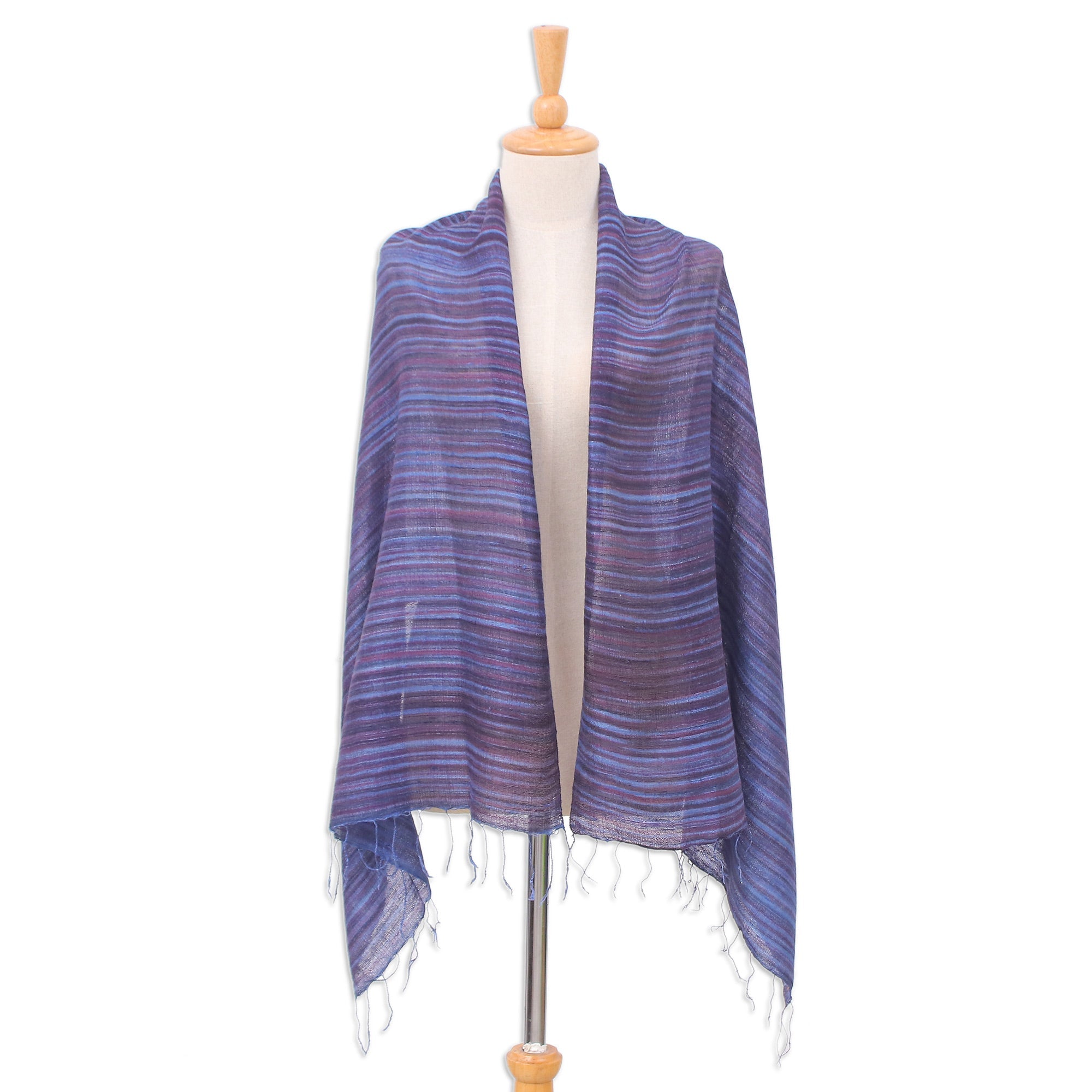 Handloomed Fringed Striped Blue and Dark Purple Silk Scarf - Twilight Iridescence