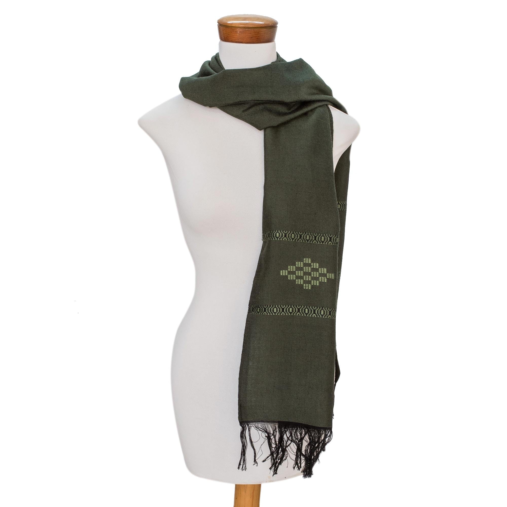 Green Cotton Blend Scarf with Diamond Motif - Diamond Diva in Green