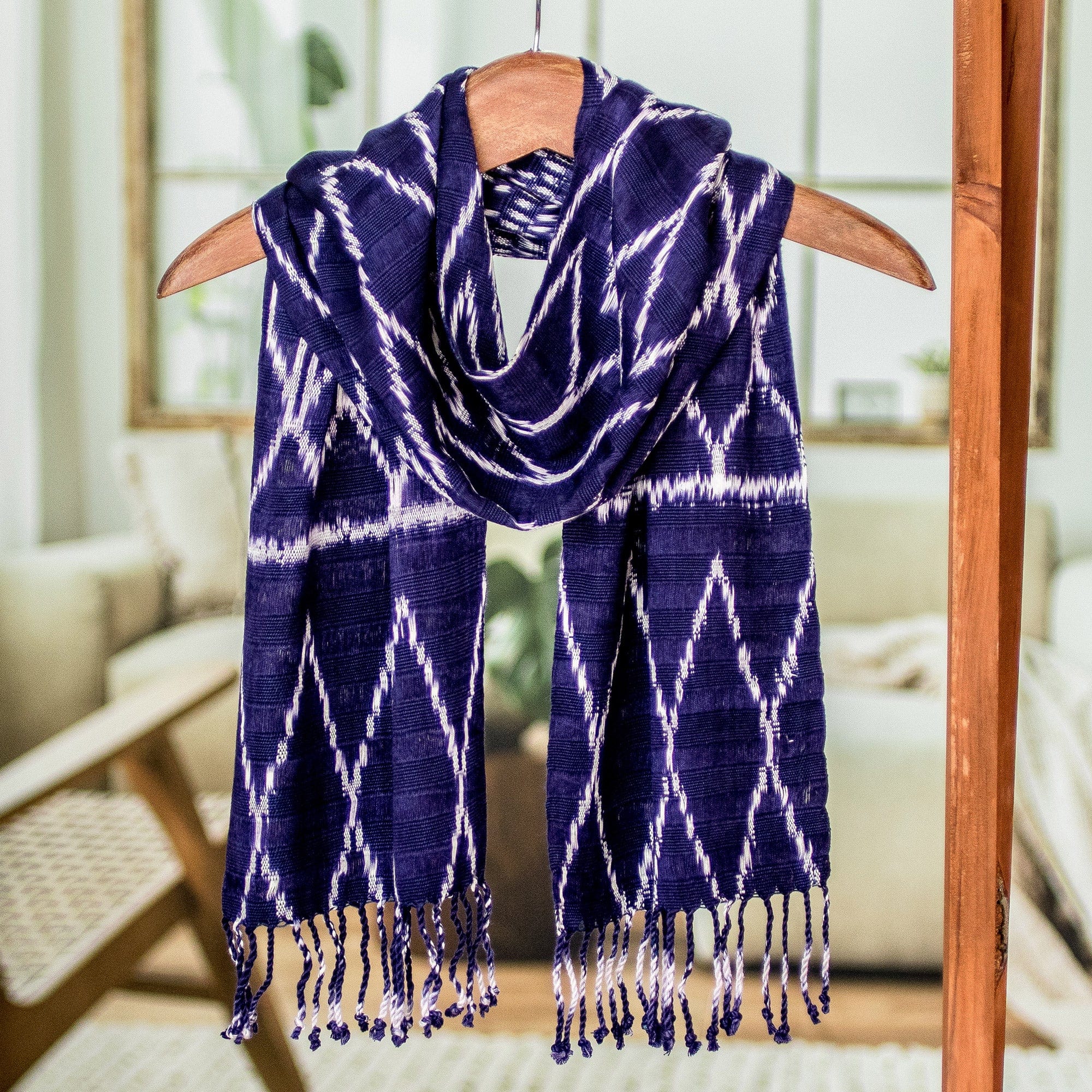 Hand Woven Violet and White Ikat Scarf - Silhouette in Violet