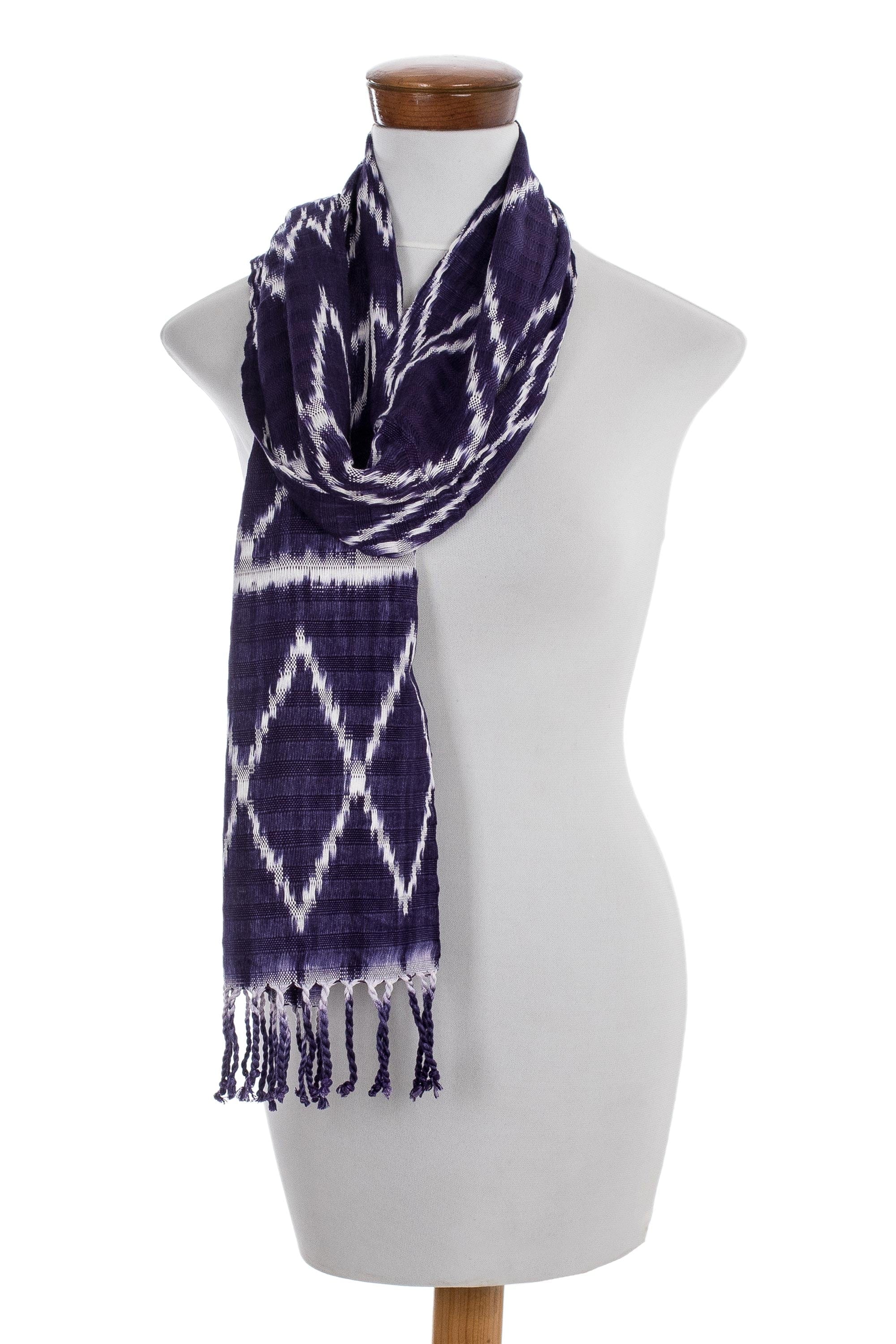 Hand Woven Violet and White Ikat Scarf - Silhouette in Violet