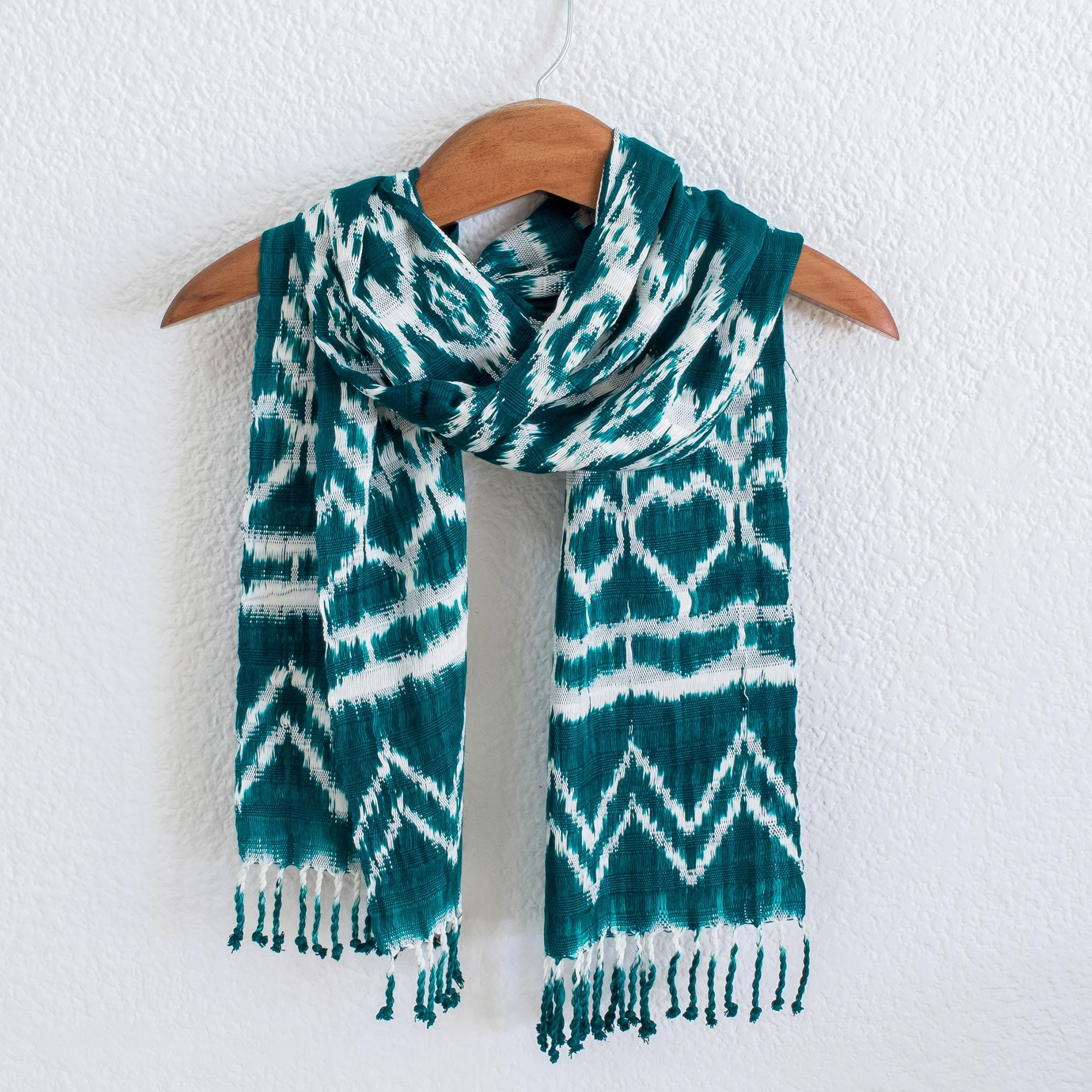 Rayon Ikat Scarf in Teal and White - Silhouette in Teal