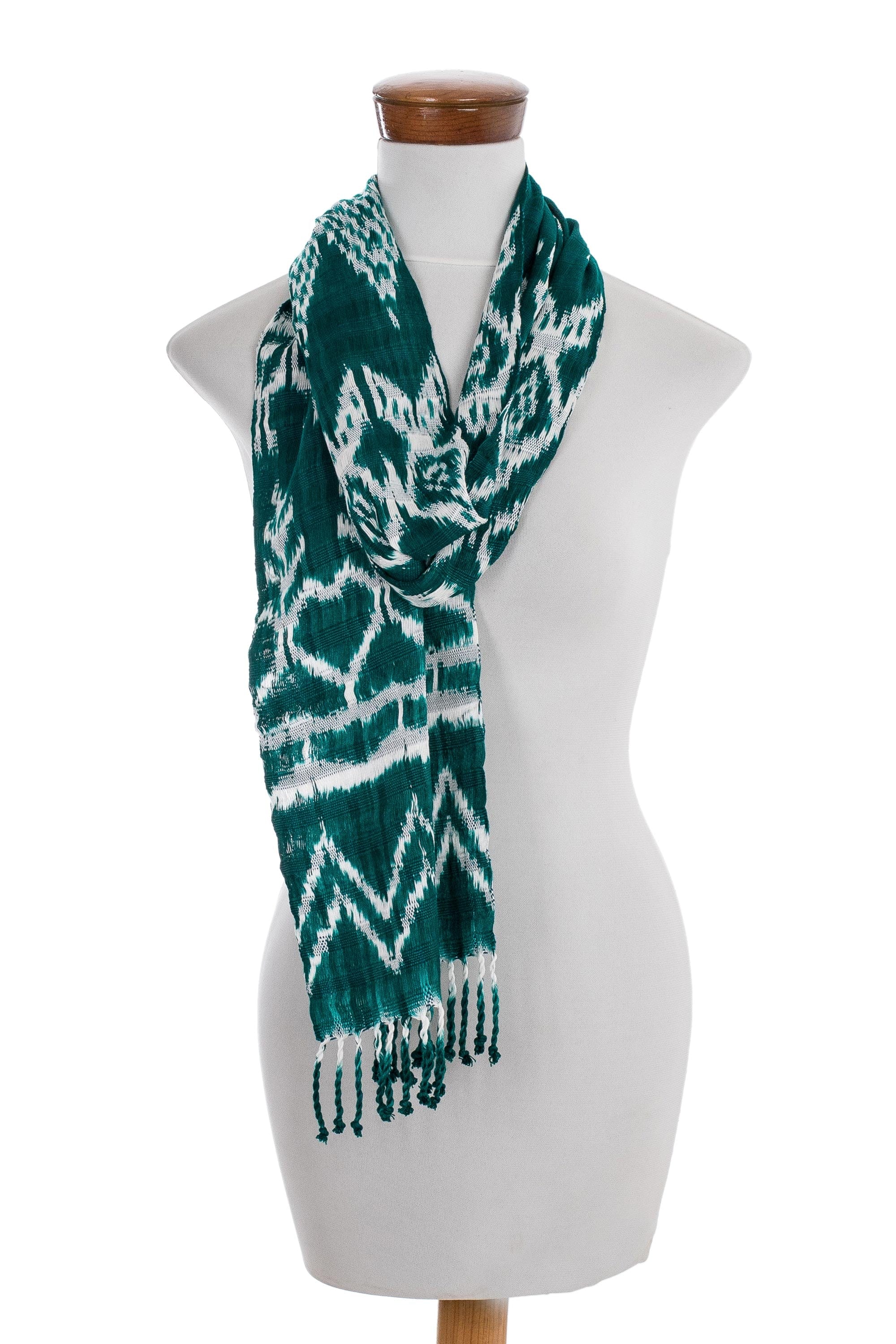 Rayon Ikat Scarf in Teal and White - Silhouette in Teal