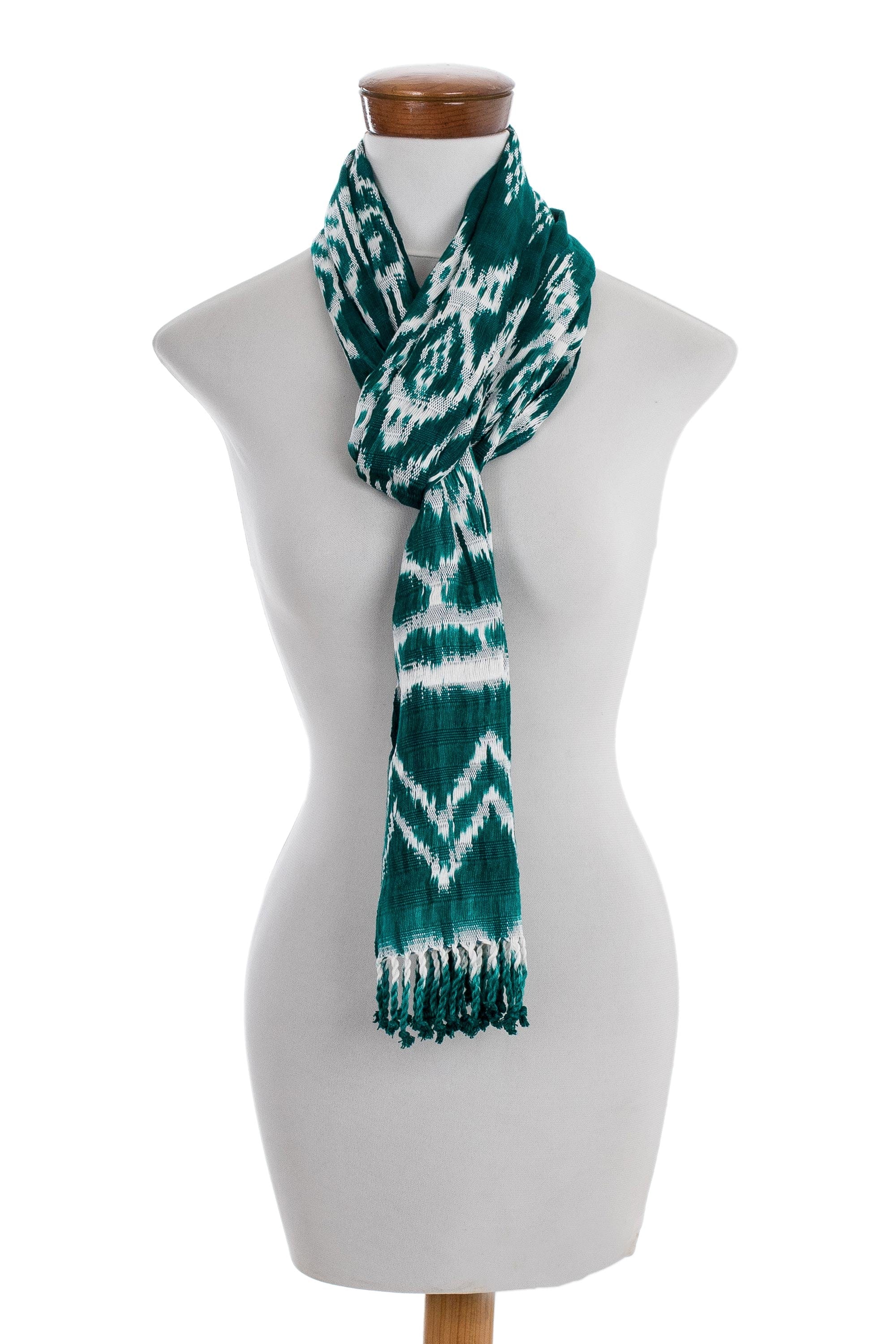 Rayon Ikat Scarf in Teal and White - Silhouette in Teal