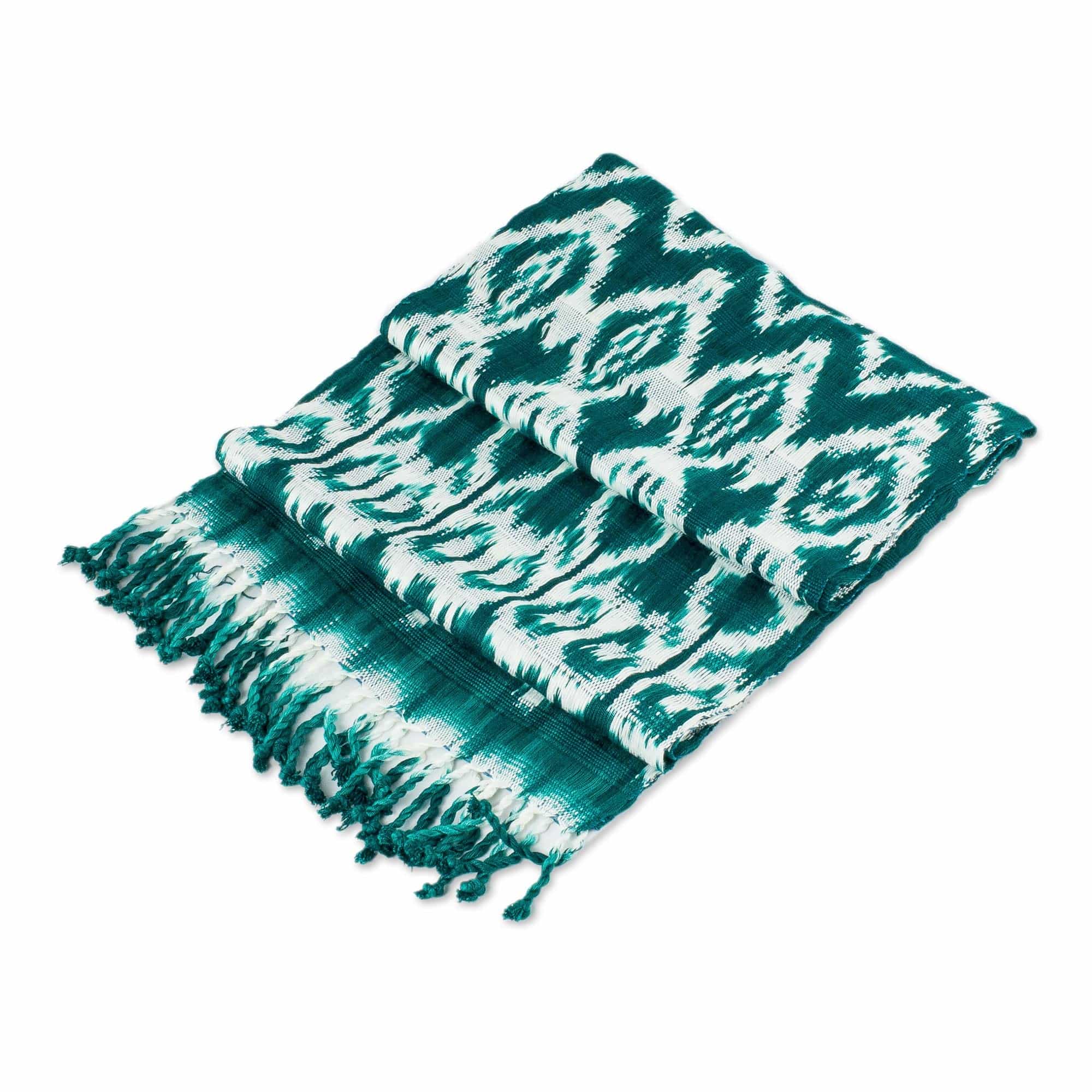Rayon Ikat Scarf in Teal and White - Silhouette in Teal