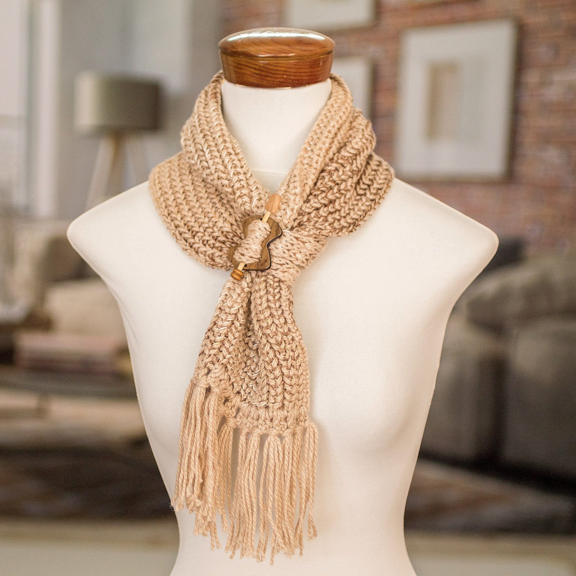 Nutmeg Brown and Beige Knit Scarf with Wood Clip - Costa Rican Nutmeg