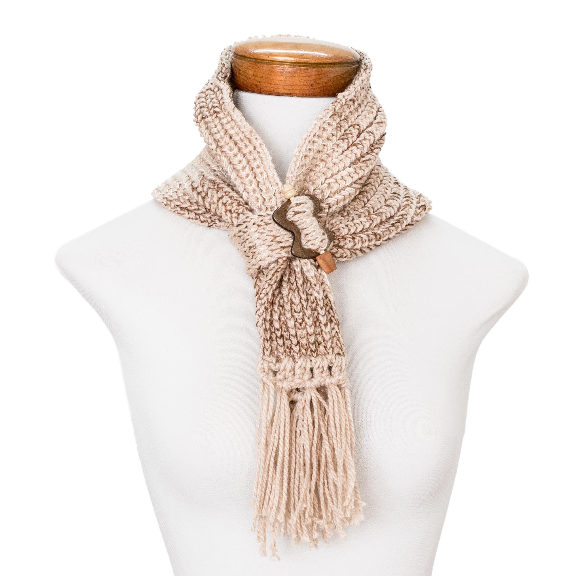 Nutmeg Brown and Beige Knit Scarf with Wood Clip - Costa Rican Nutmeg