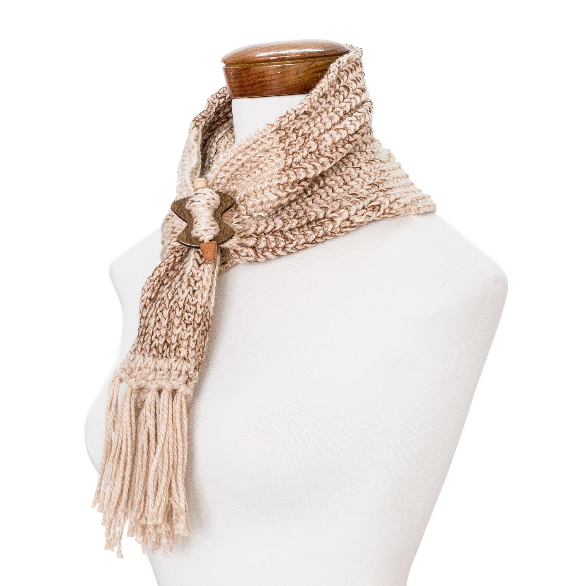 Nutmeg Brown and Beige Knit Scarf with Wood Clip - Costa Rican Nutmeg