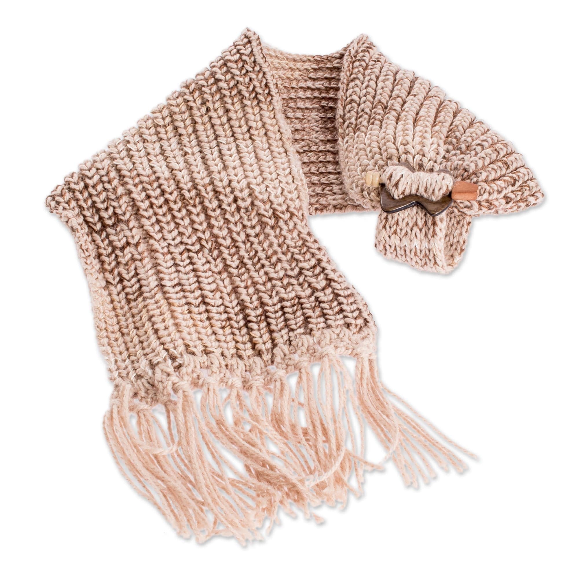 Nutmeg Brown and Beige Knit Scarf with Wood Clip - Costa Rican Nutmeg