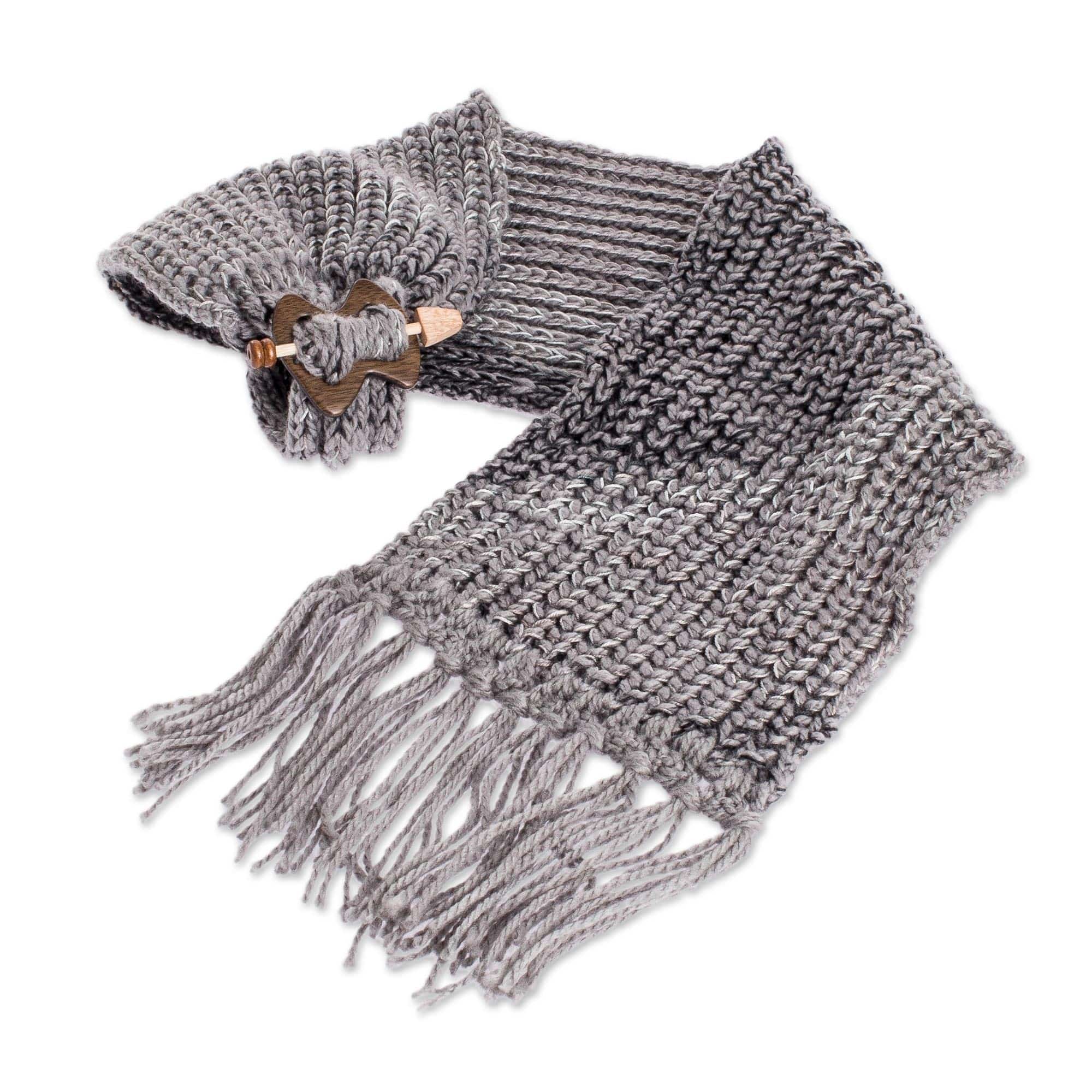 Acrylic Multi Grey Tone Wrap Scarf with Wood Clip - Costa Rican Grey