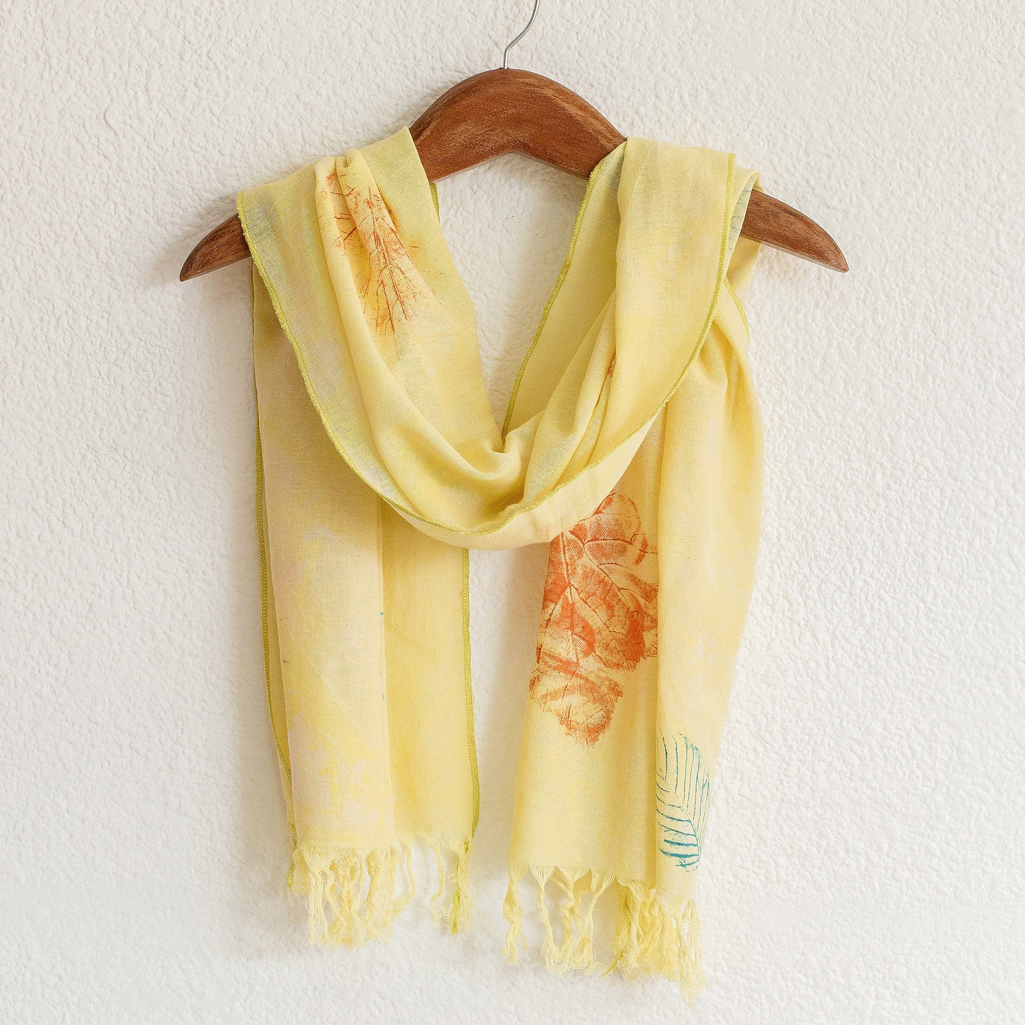 Fringed Hand-Painted Cotton Scarf - Leaf Fancy