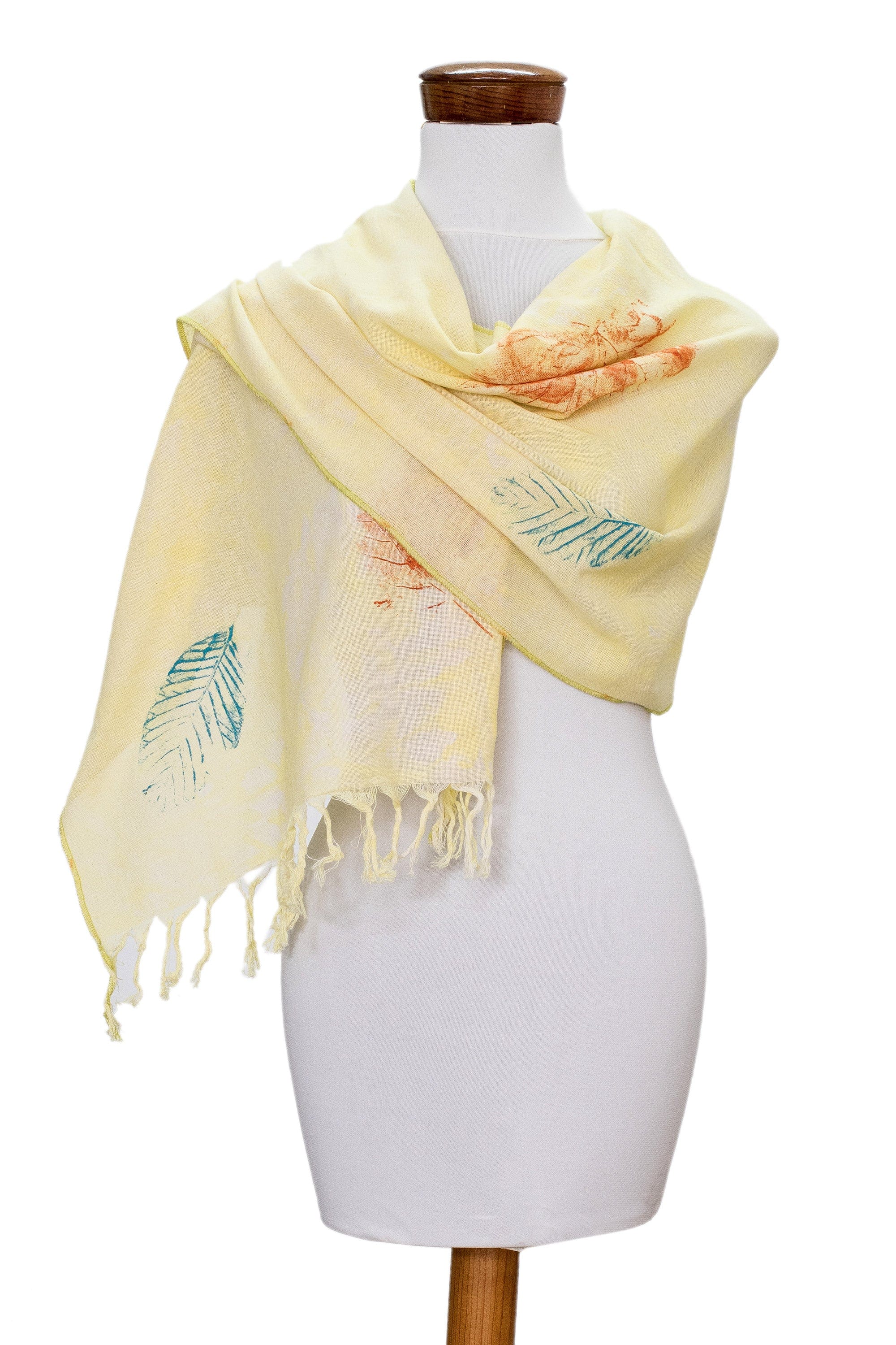 Fringed Hand-Painted Cotton Scarf - Leaf Fancy