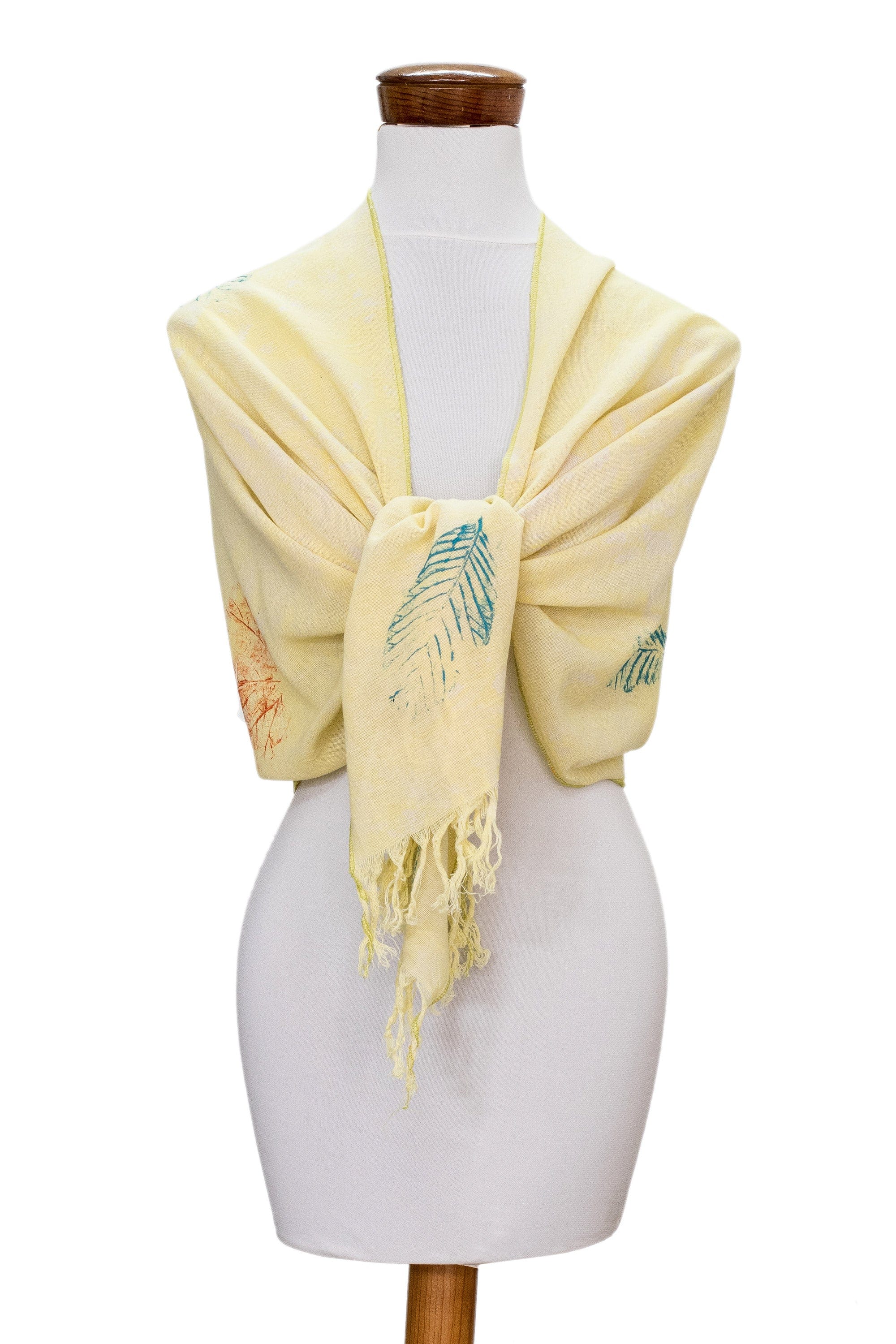 Fringed Hand-Painted Cotton Scarf - Leaf Fancy
