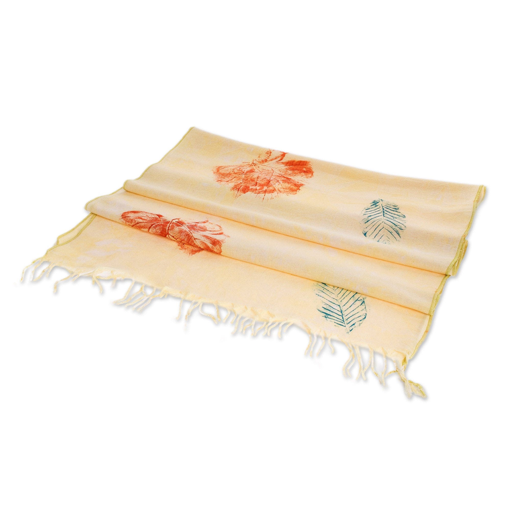 Fringed Hand-Painted Cotton Scarf - Leaf Fancy